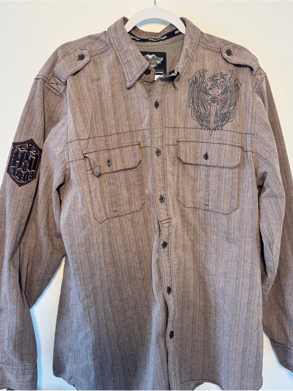 Harley-Davidson Brown Stripe Button-Down Shirt with Patch & Embroidery